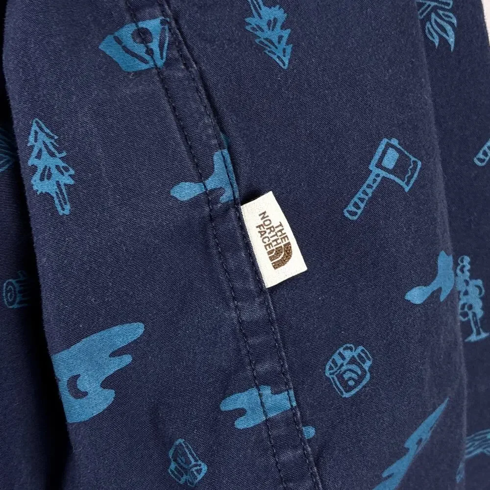 North Face Camp Shirt Mens XXL Blue Baytrail Tent Tree Axe AOP Outdoor Preppy